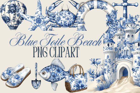 Blue Toile Beach Clipart: A Coastal Design Asset