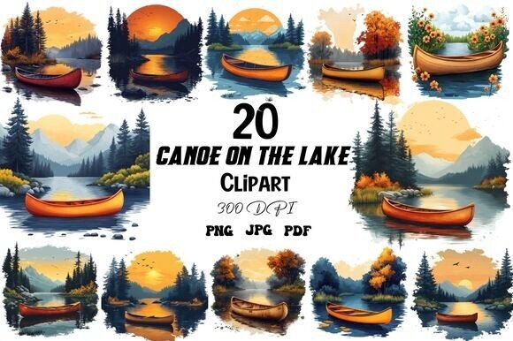 Canoe on the Lake Clipart Set: Your Go-To for Outdoor & Tranquil Designs