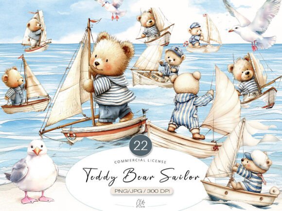 Sailor Teddy Bear Clipart Set PNG: A Whimsical Design Asset