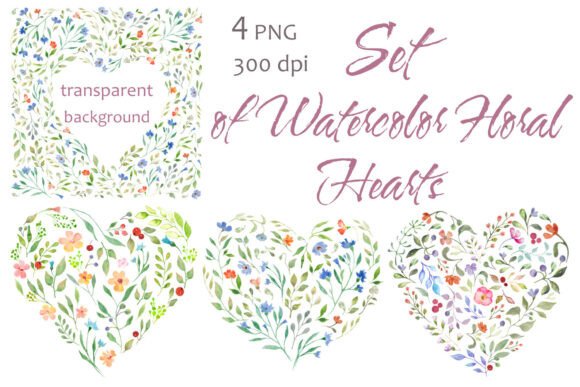 Set of Cute Hearts: Watercolor Florals for Your Designs