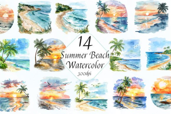 Watercolor Summer Beach Sunset Clipart: Versatile Design Assets