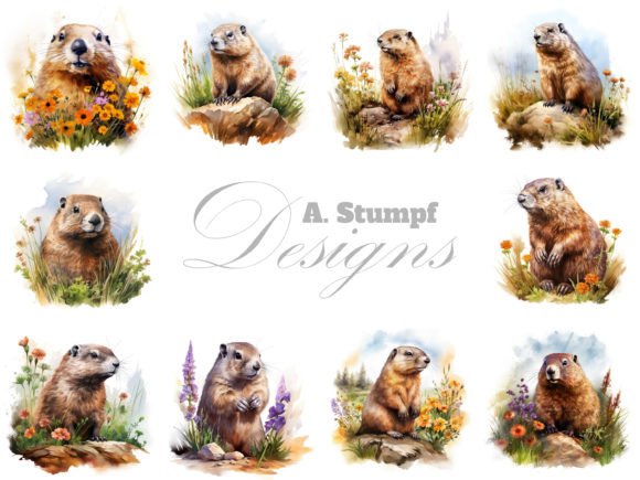 Whimsical Design Assets: The Groundhog Watercolor Clipart Set
