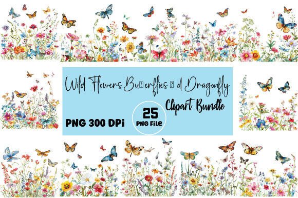 Wild Flowers Butterflies and Dragonfly: Nature's Beauty for Your Designs